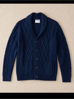 Old Navy Shawl Collar Fisherman Cardigan Men Large Cable Knit Navy Blue Cozy